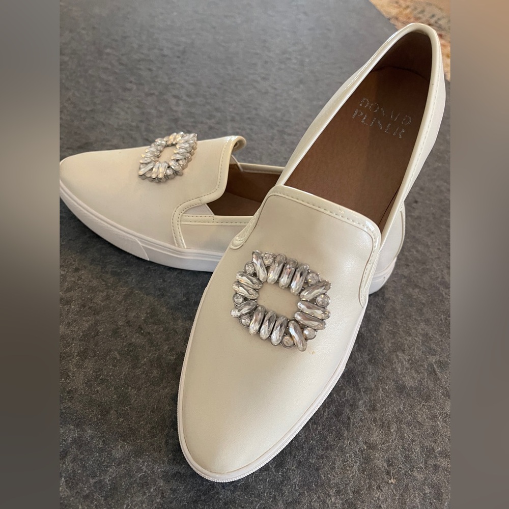 Donald J. Pliner Cream Slip-On Loafers with Crystal Rhinestone Embellishment 8.5